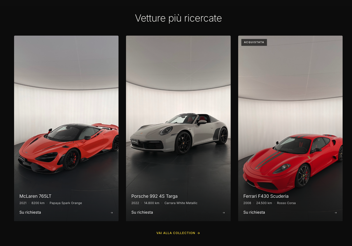 Sito web di un concessionario con le vetture più ricercate in vetrina