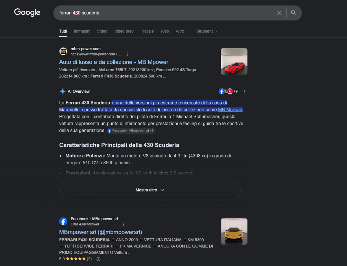Risultato di una ricerca Google che mostra il sito web di un concessionario